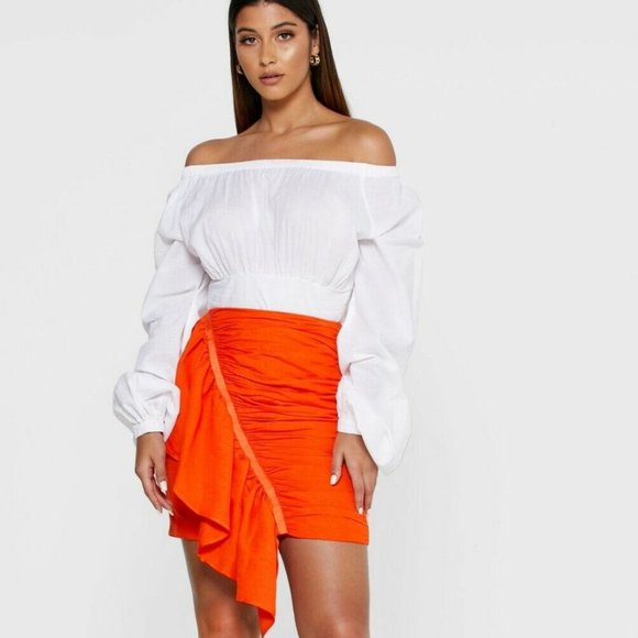 CMEO COLLECTIVE EARLY ON NEW $140 SZ S SMALL ORANGE RUCHED BODYCON MINI SKIRT